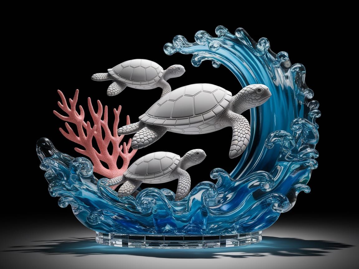 A shiny glass and crystal statue of a group of sea turtlea swimming through blue glass waves, coral black ...  by @AutumnBear
