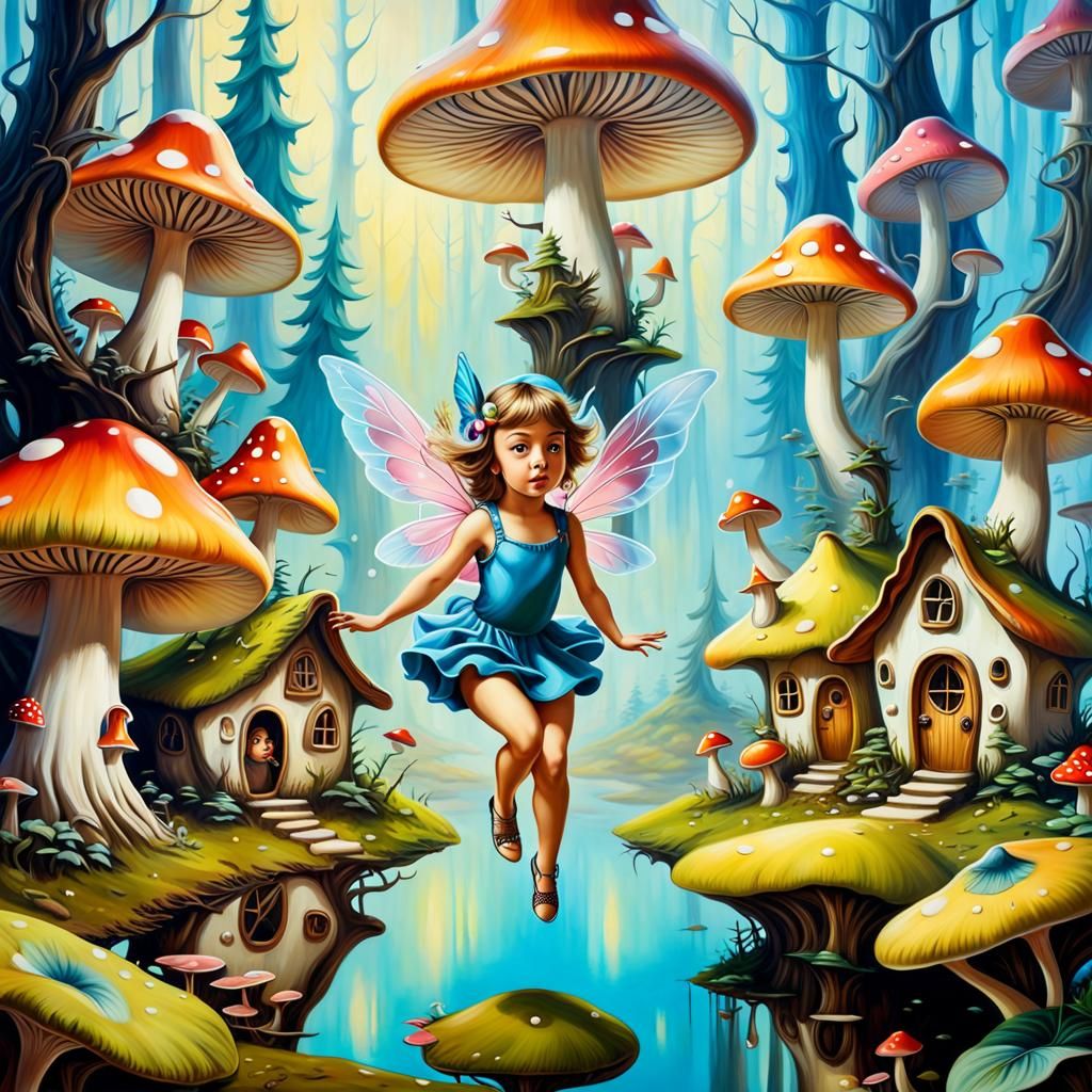 A cute tiny fairy flying among the mushroom houses.