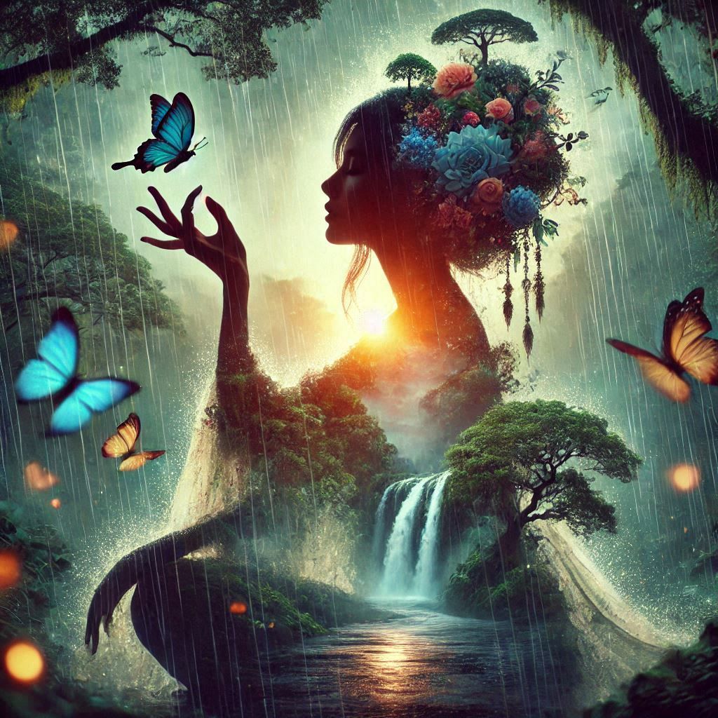 double exposure beautiful fantasy DALL-E 3 portrait landscape..
