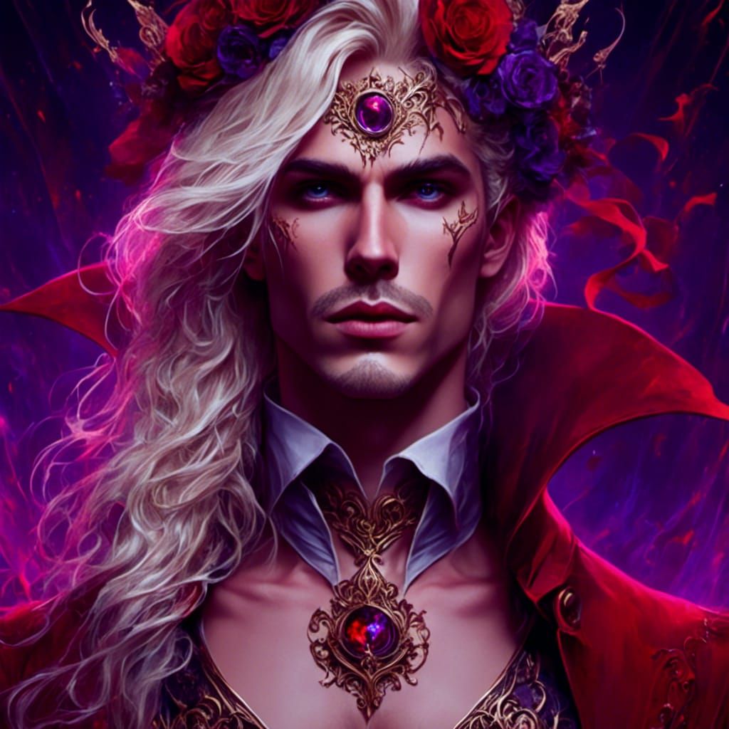 A handsome magician with purple eyes and blonde hair