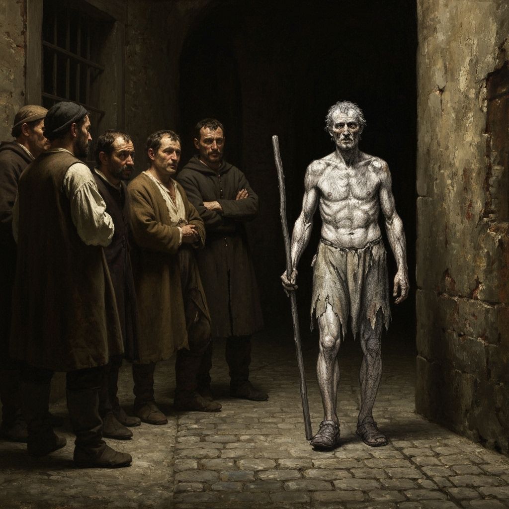 Man in Torn Clothes in Medieval Alley