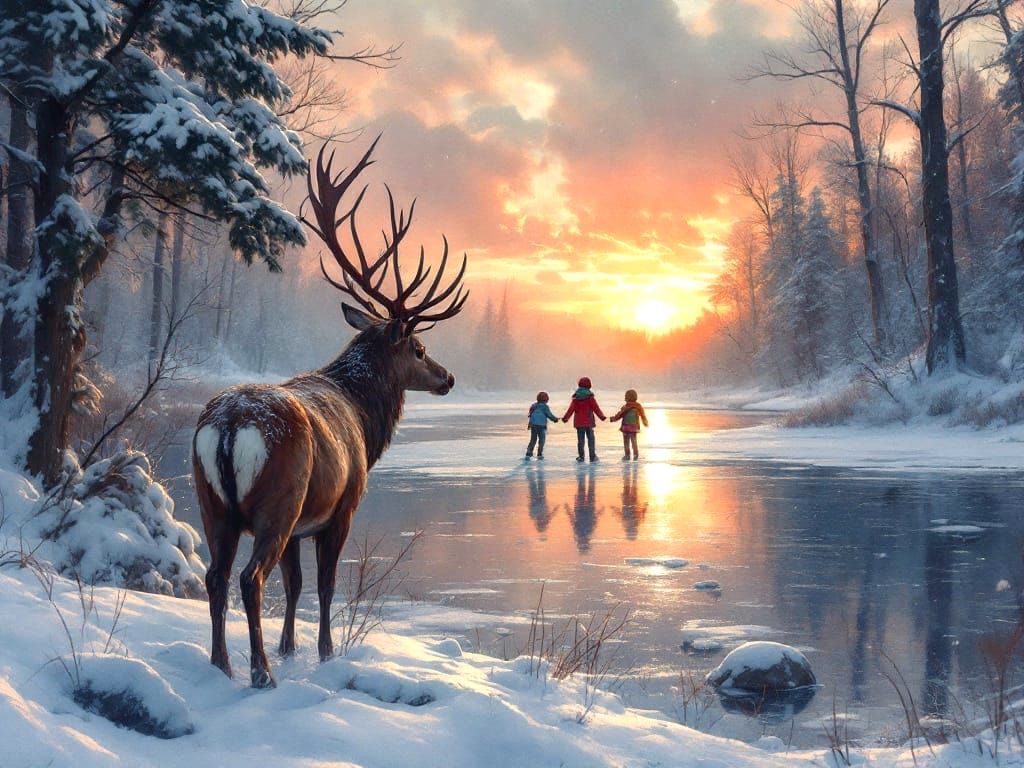 A stag looking a 3 children walking on the ice on a forest pond.  by @Ylona