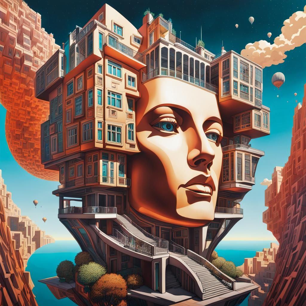 MC Escher style building shaped like a Cross section of a hu...