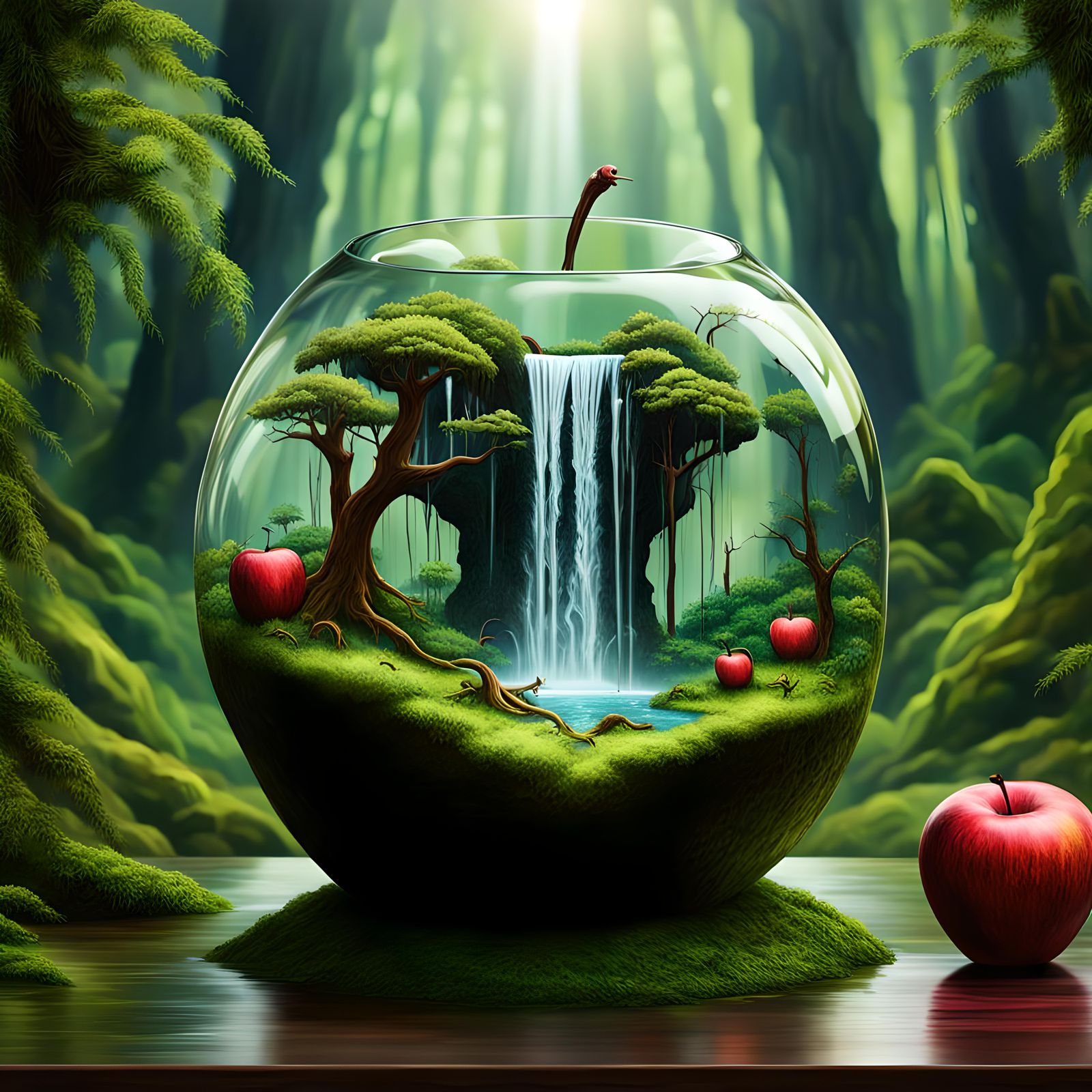 Waterfall in the mossy forest inside a glass apple