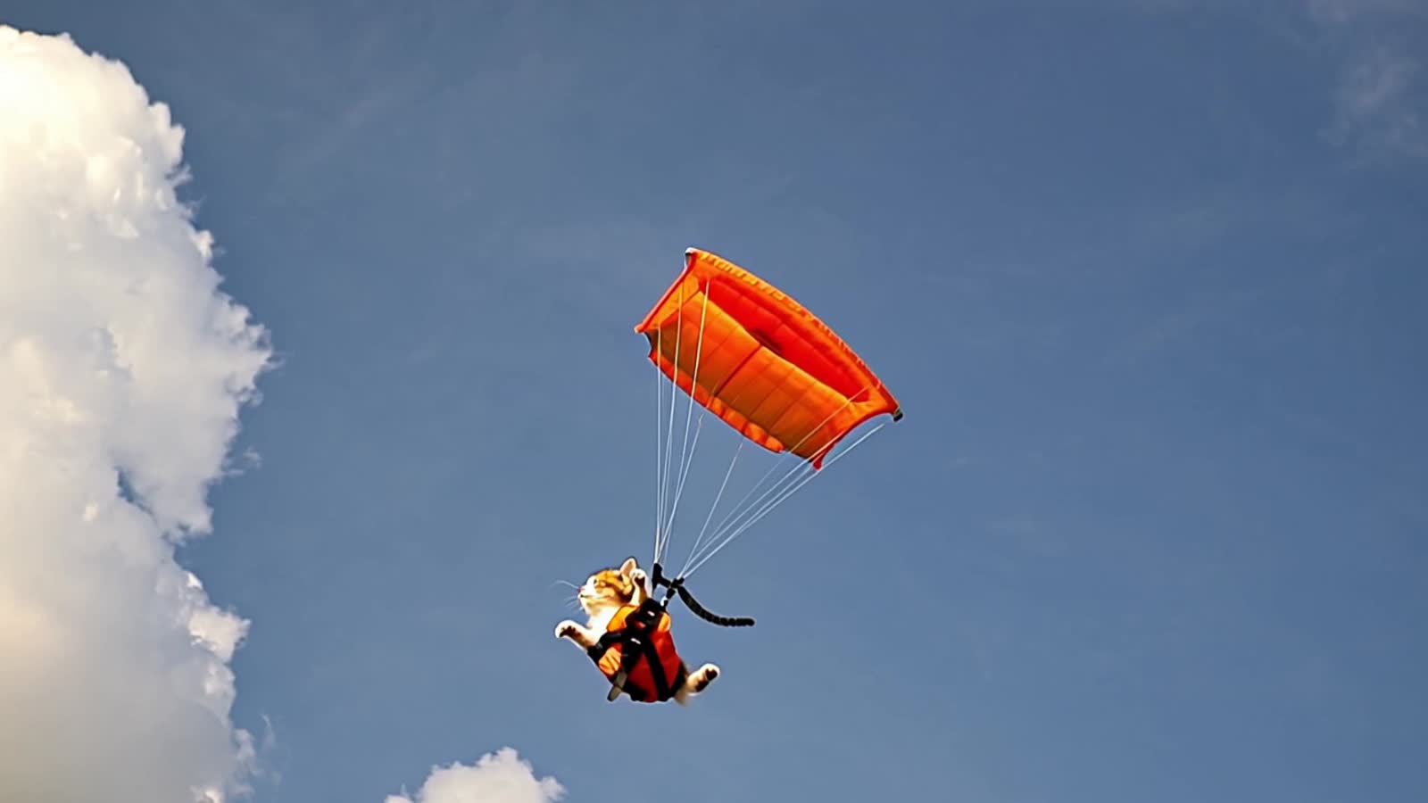Skydiving kitten with a parachute