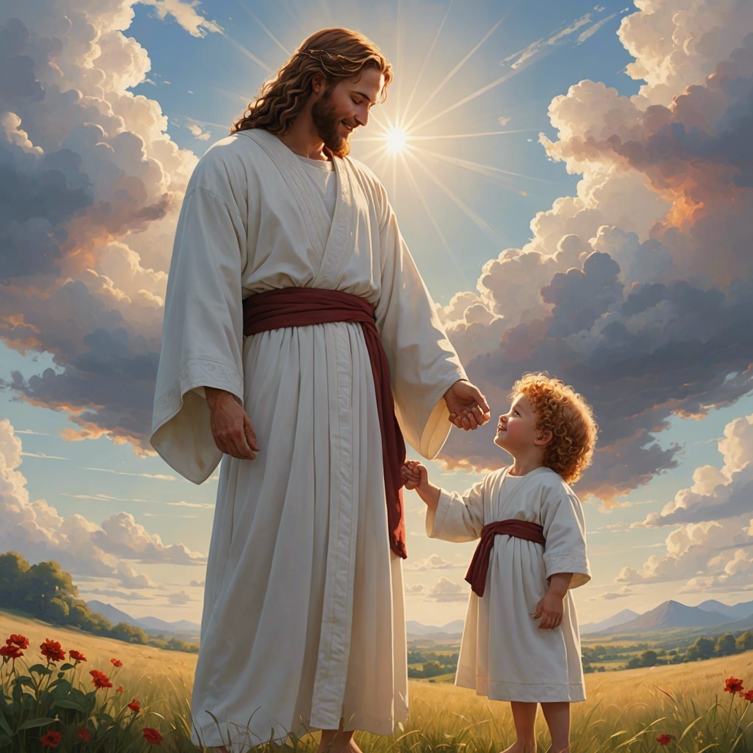 Jesus in a white robe, in heaven, standing on the ground, holding hands  with a 3 year old boy with blonde hair. jesus is also holding a beau... -  AI Generated Artwork -