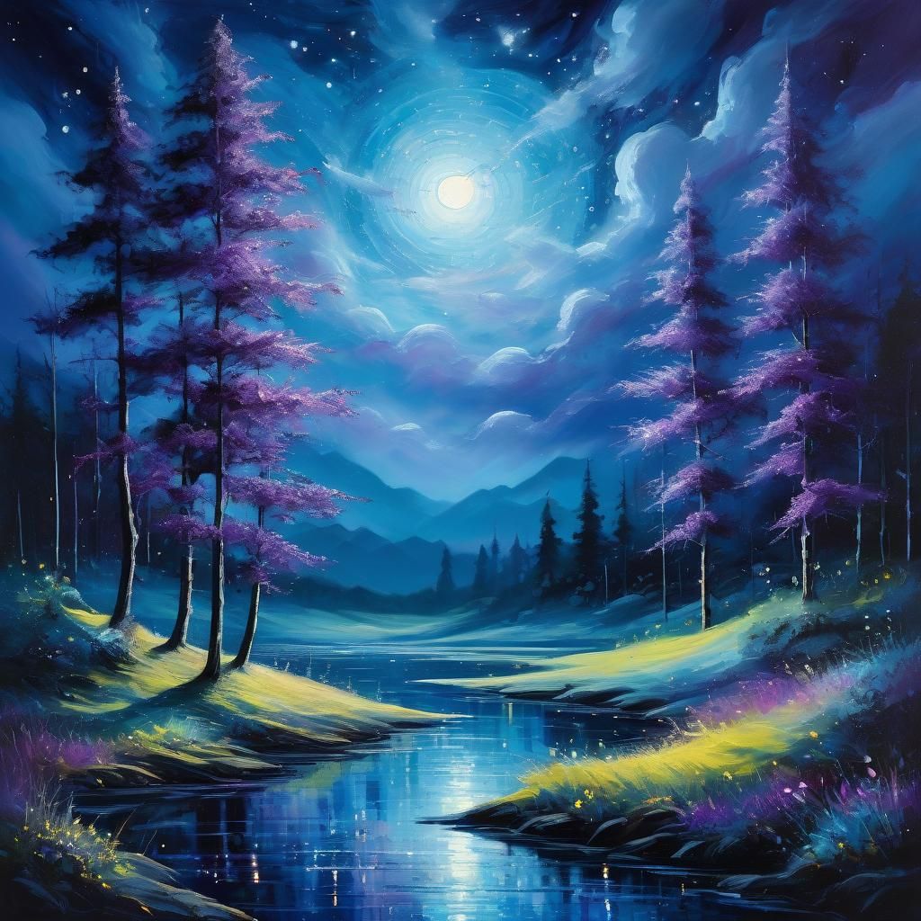 A serene  moonlit evening unfolds beneath a celestial canvas of deep, mysterious blue.  by @Suz