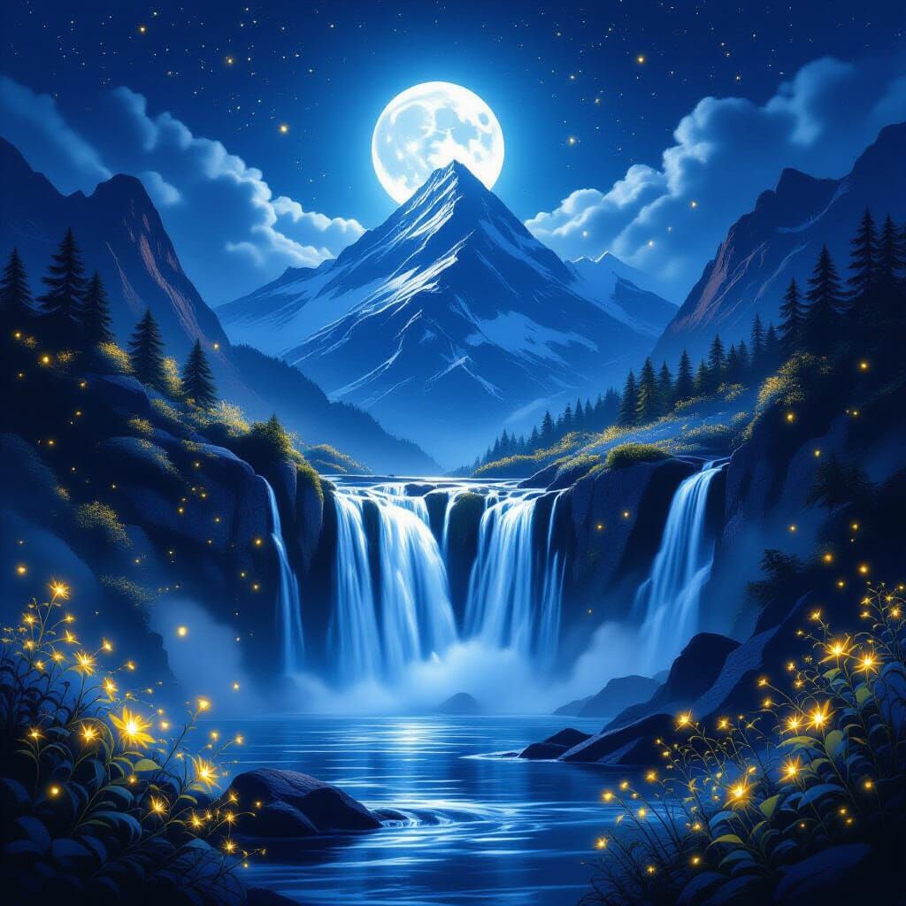 A shimmering waterfall cascading from a moonlit mountain peak, surrounded by glowing wildflowers and drifting golden sparkles in the mist.