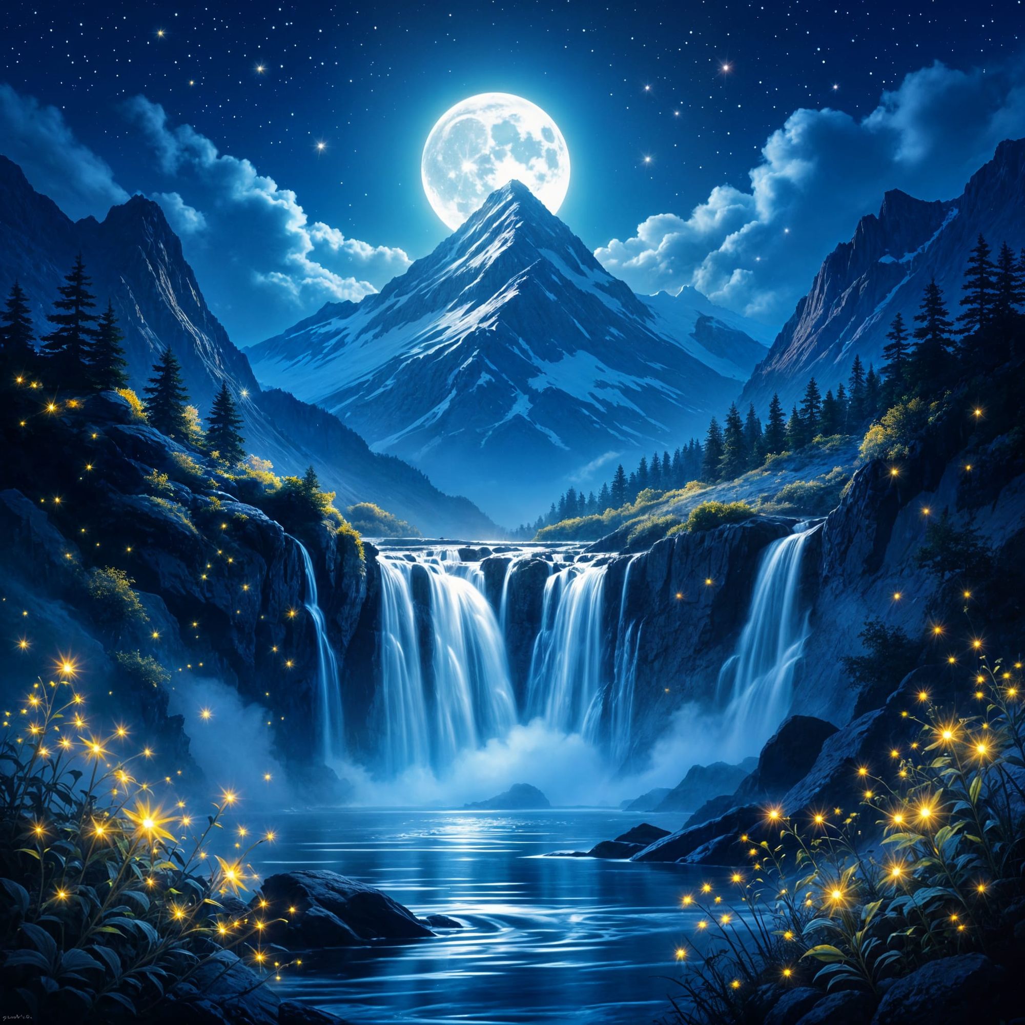 A shimmering waterfall cascading from a moonlit mountain peak into the lake below with a rose rising from the middle of it, surrounded by gl...