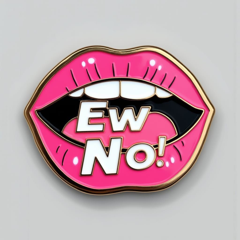 A pink and black enamel pin with the text "Ew No" written in white. Gold metALLIC BASE METAL AND OUTLINES.  The words surround an open mouth...