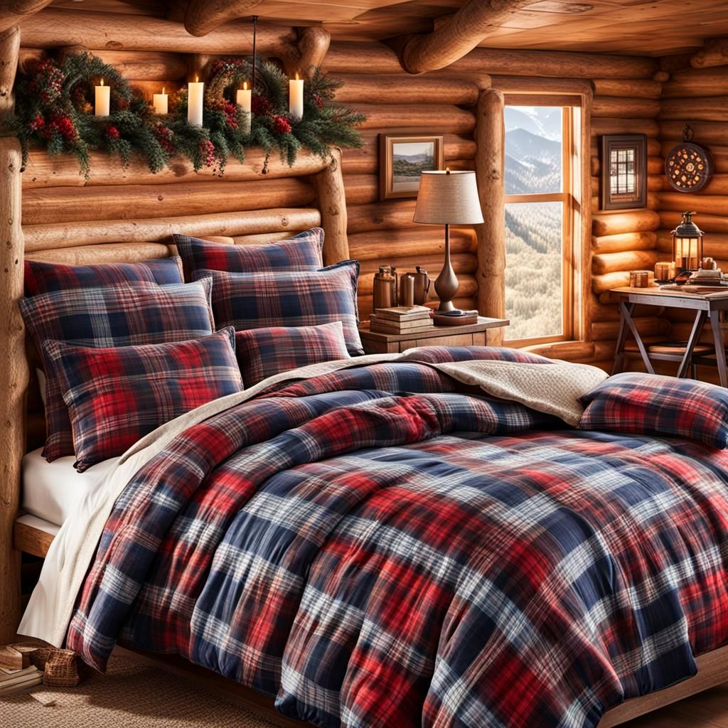 a soft bed with plaid flannel sheets and a fluffy plaid comforter in a cozy log cabin  by @OU812