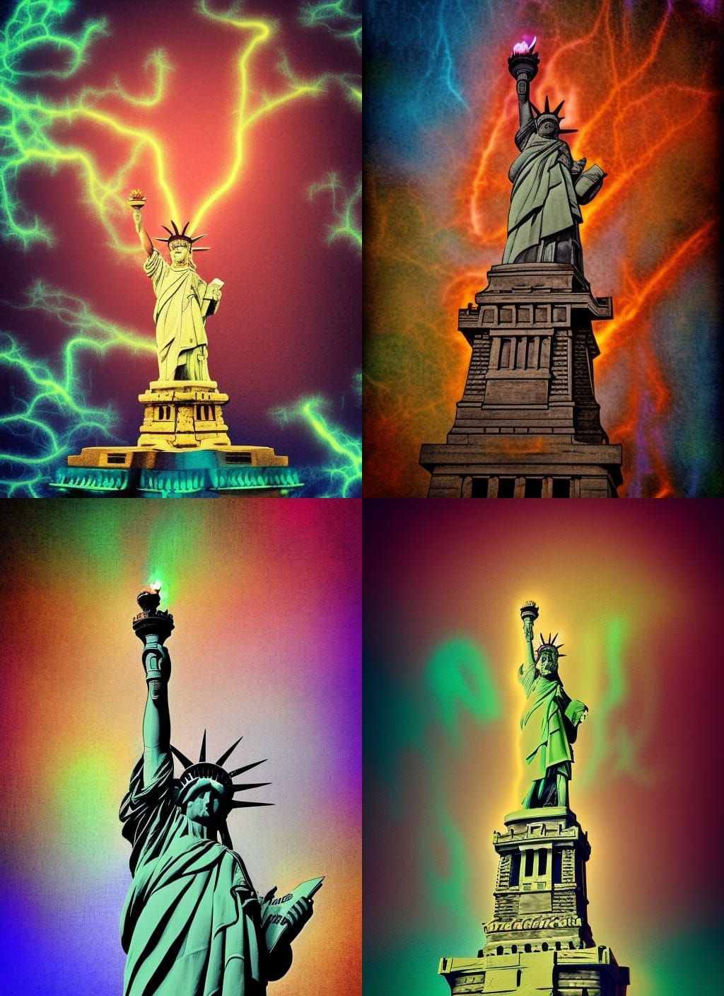 statue of liberty in steampunk, neon colers, fractal cloudes, lightning