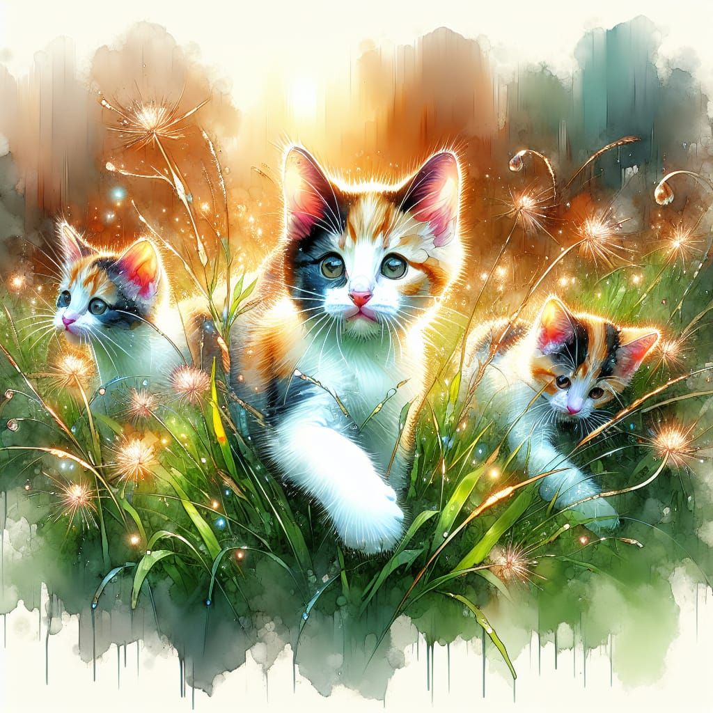 Calico Kittens Frolic in Lush Grass, Watercolor Style