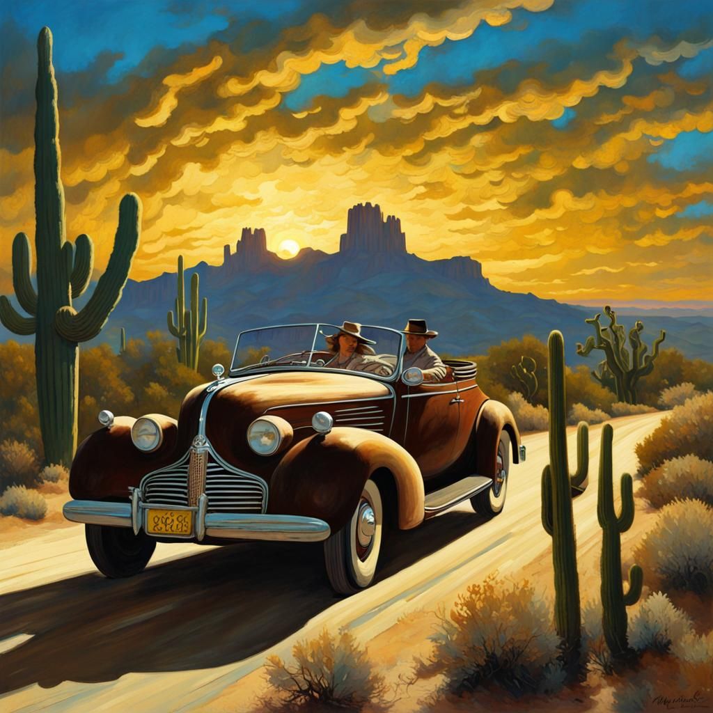 NC Wyeth painting vintage convertible with a man and woman in it going west into the sunset Route 66 ...  by @Frazer-Hambrick