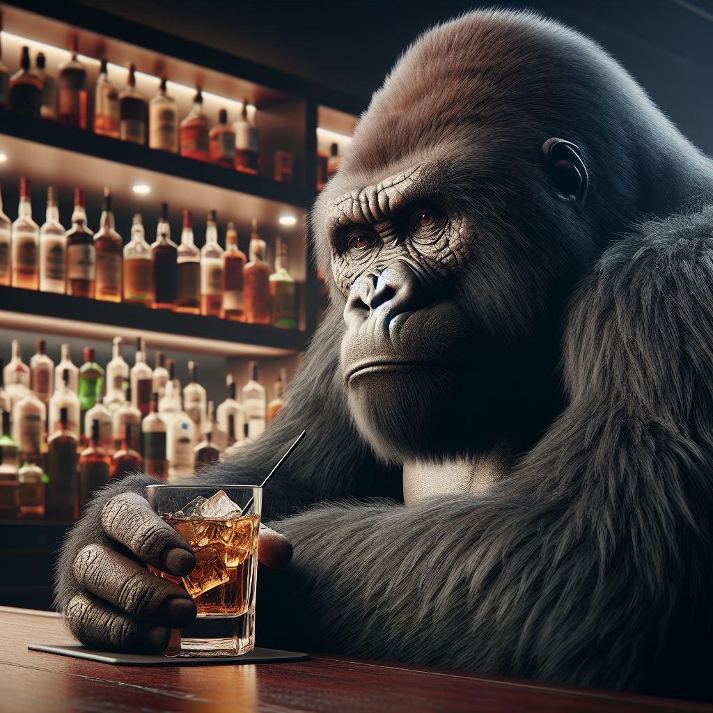 Gorilla drinking in a pub