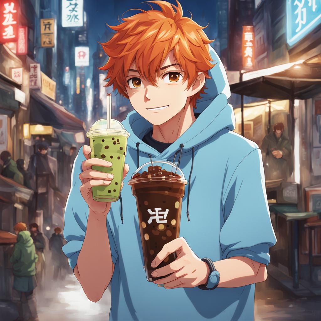One man with ginger hair in a light blue hoodie, holding a b...