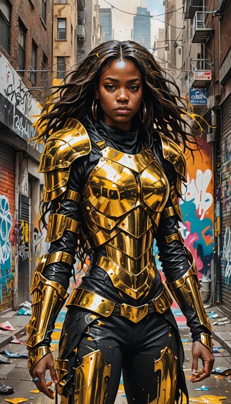 Black woman, straight hair, with golden armor, in the middle...