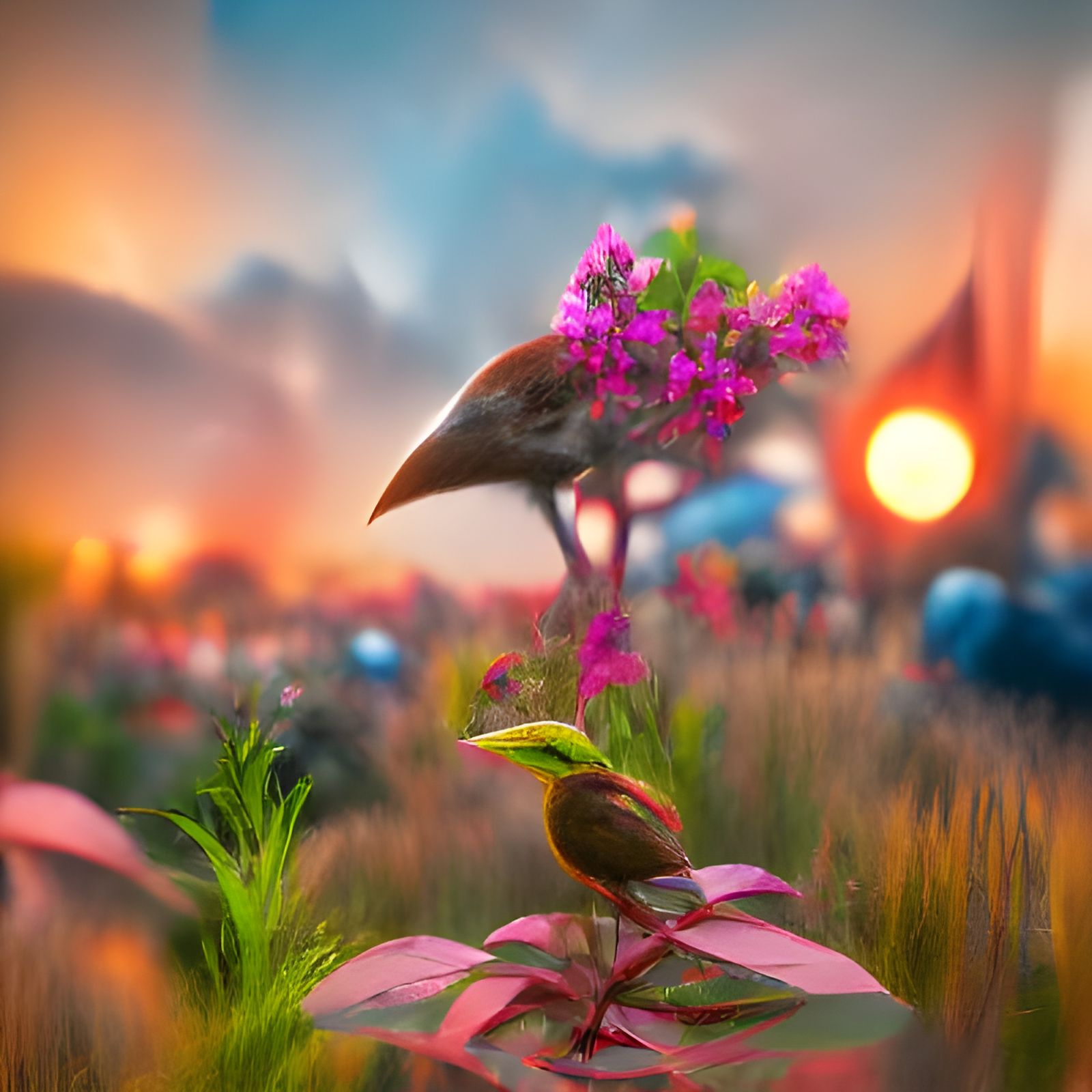 A sparrow  on a stem of blossoming sunset plant amongst wild...