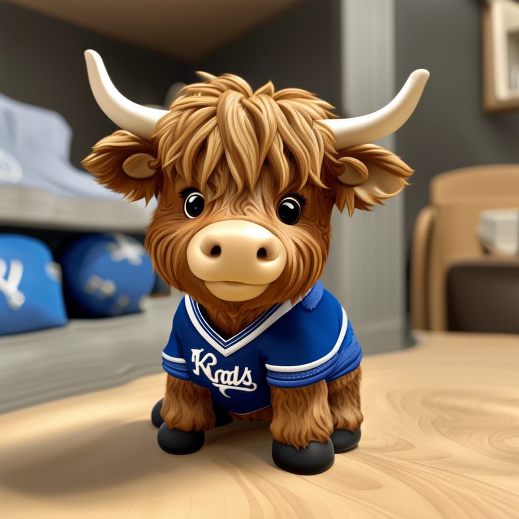 cartoon baby highland cow setting wearing a Kansas City Roya...