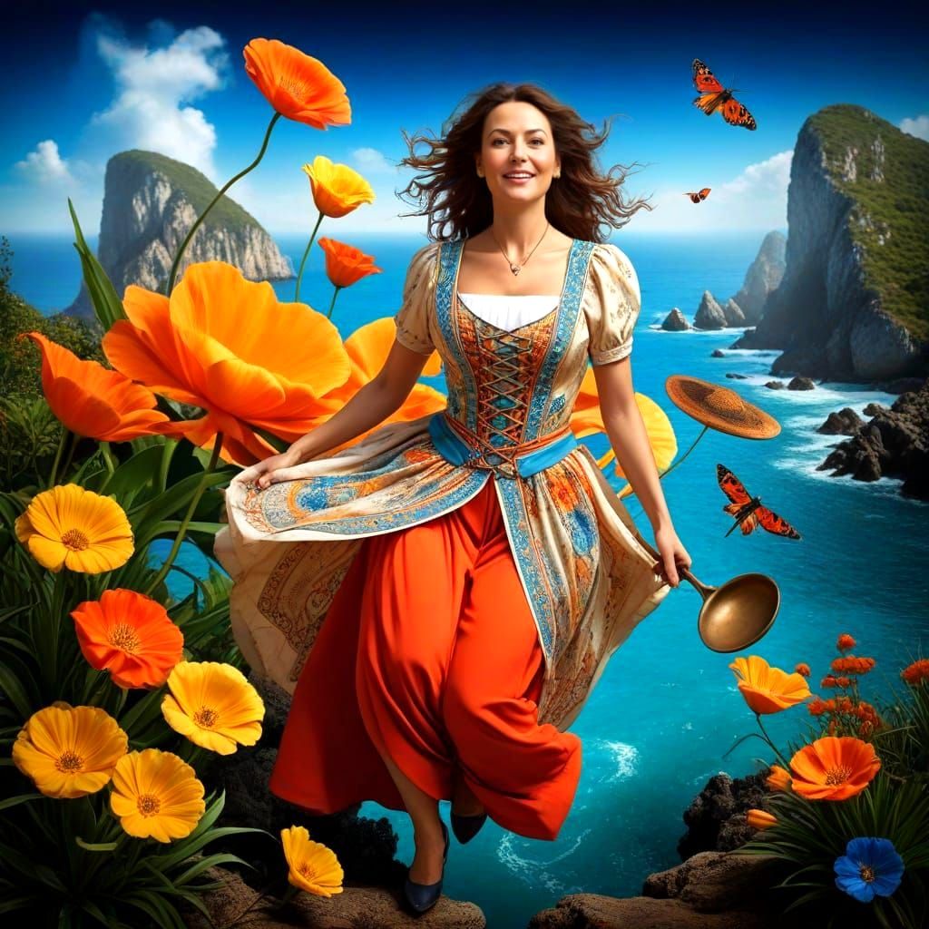 Dynamic Surreal Portrait of an Extravagantly Dressed Lady