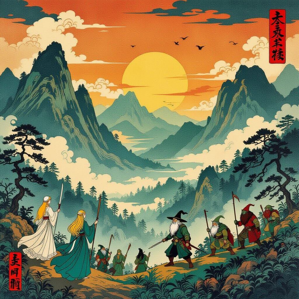 A ukiyo-e style lord of rings.. elfs, wizards, dwarfs, goblin..  by @Barlas 