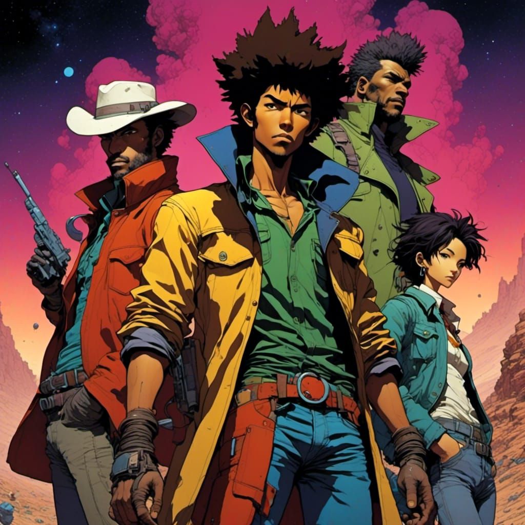 <lora:SciFae Serenity:1.0> Mœbius inspired Cowboy Bebop artwork