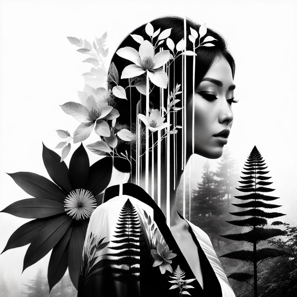 Black and white, Double exposure Asian Forrest  of full body...