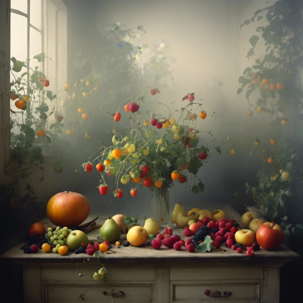 <lora:Mystic Surrealism:1.0>fruit left overs surreal misty room
