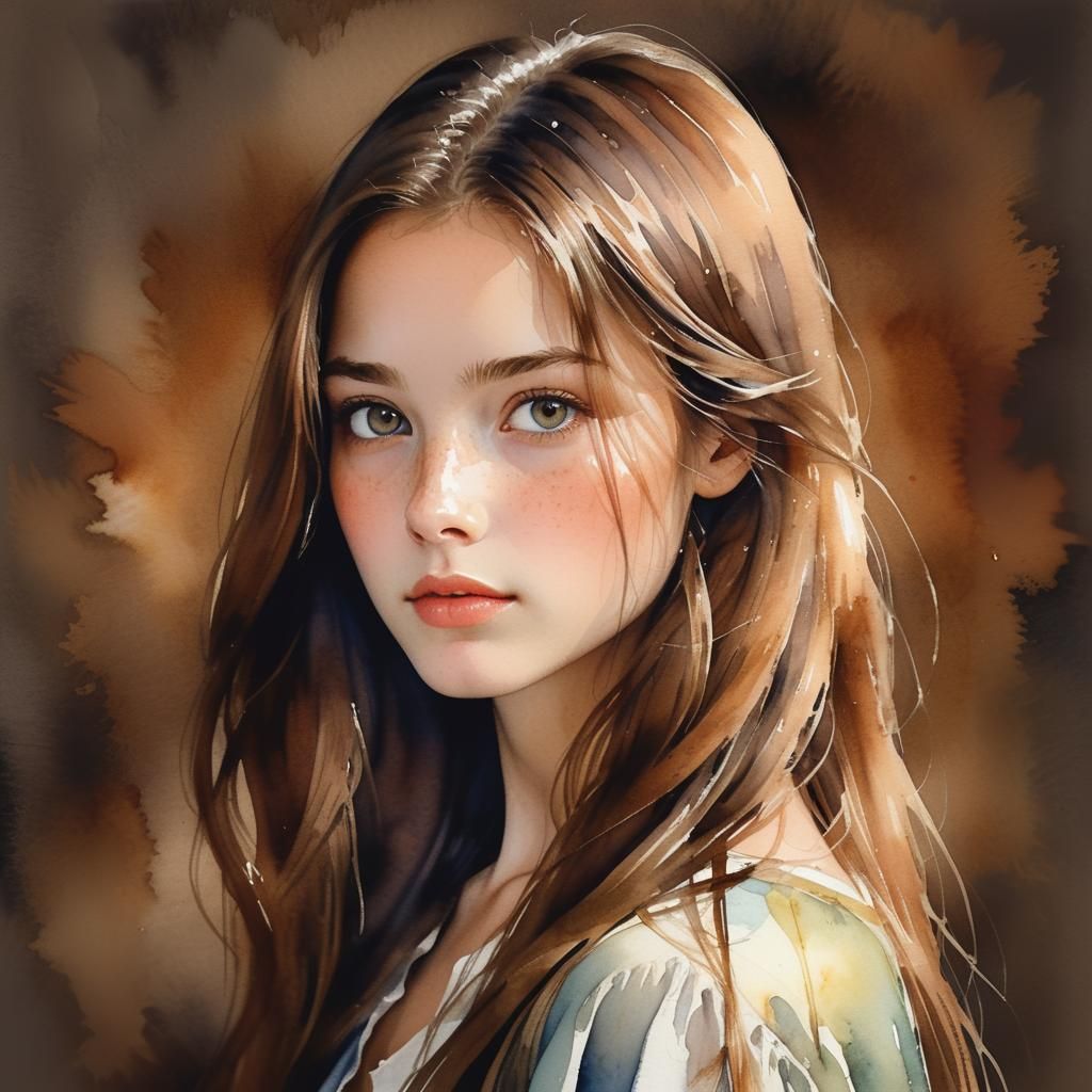 Watercolor portrait-pretty girl with brown hair  by @Jay-Are