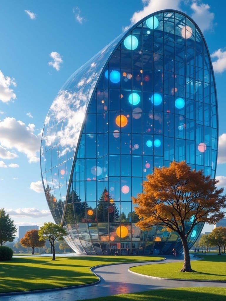 Modern Glass Building Reflecting City Skyline in Calm Lake