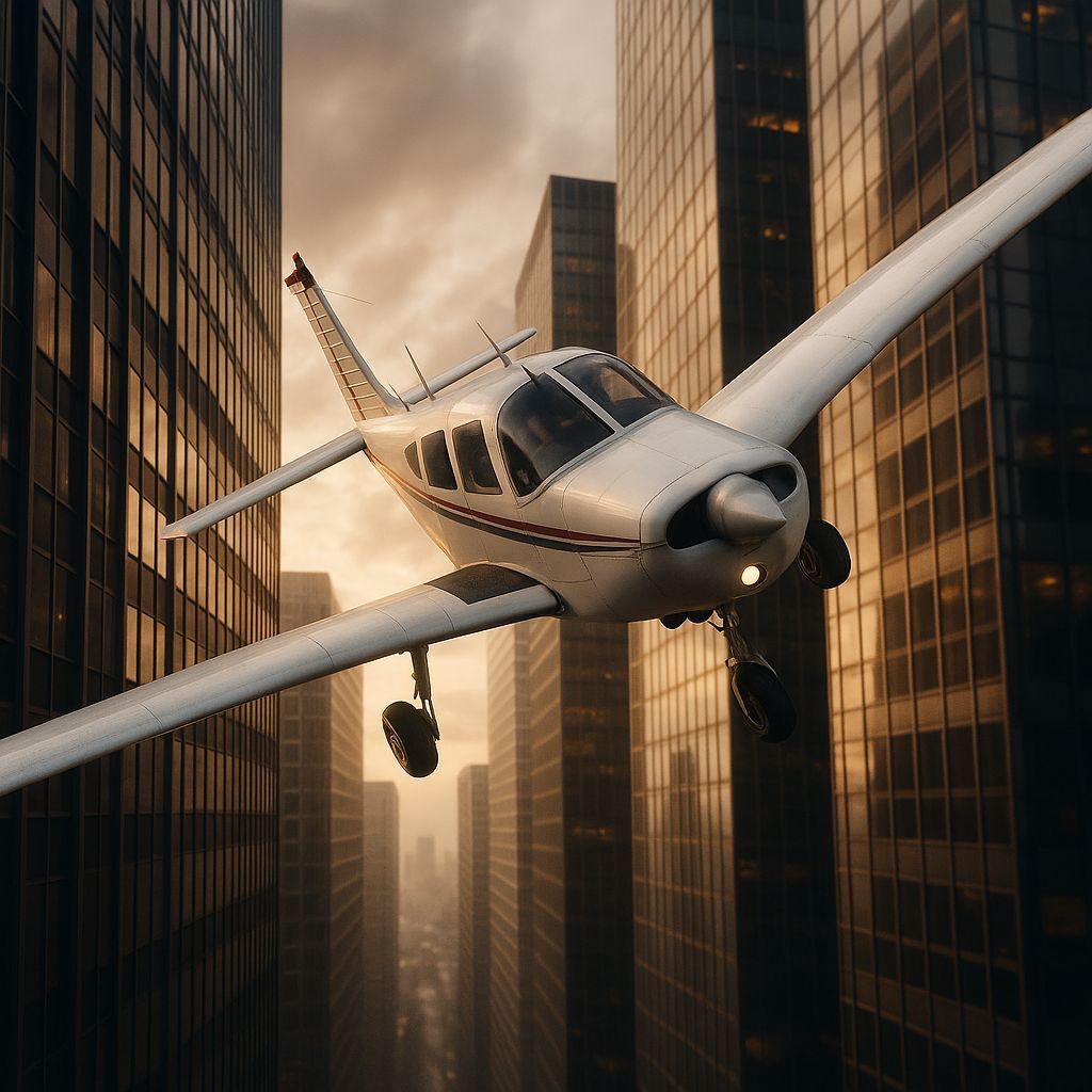 Piper Plane Navigates City Skyscrapers Cinematic Angle