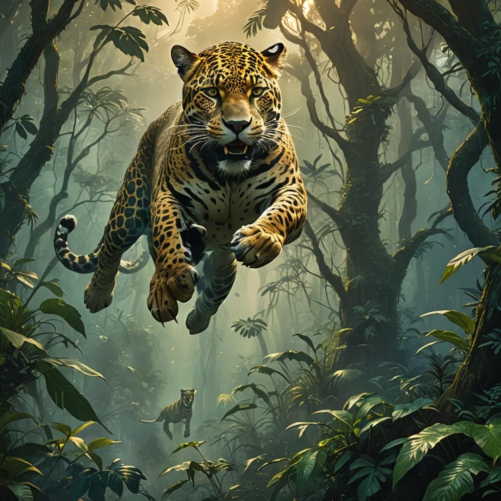 Jaguar Leaping for Meat in Misty Jungle
