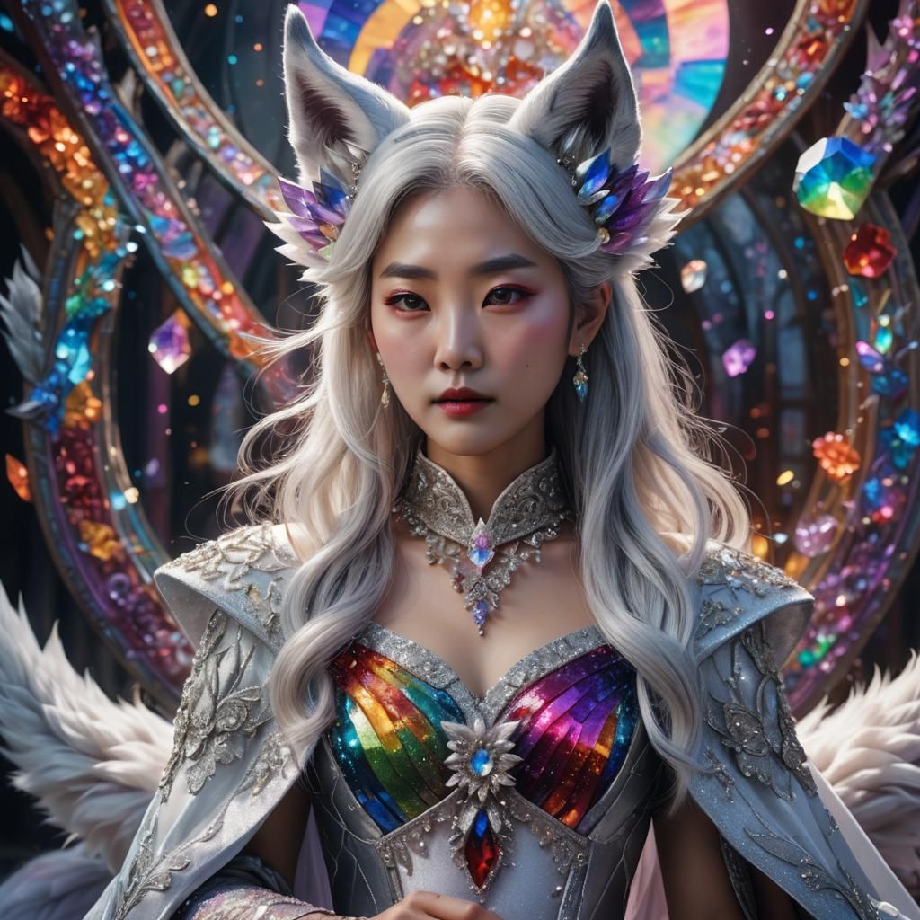 korean lady silver hair rainbow dress rainbow crystals white...