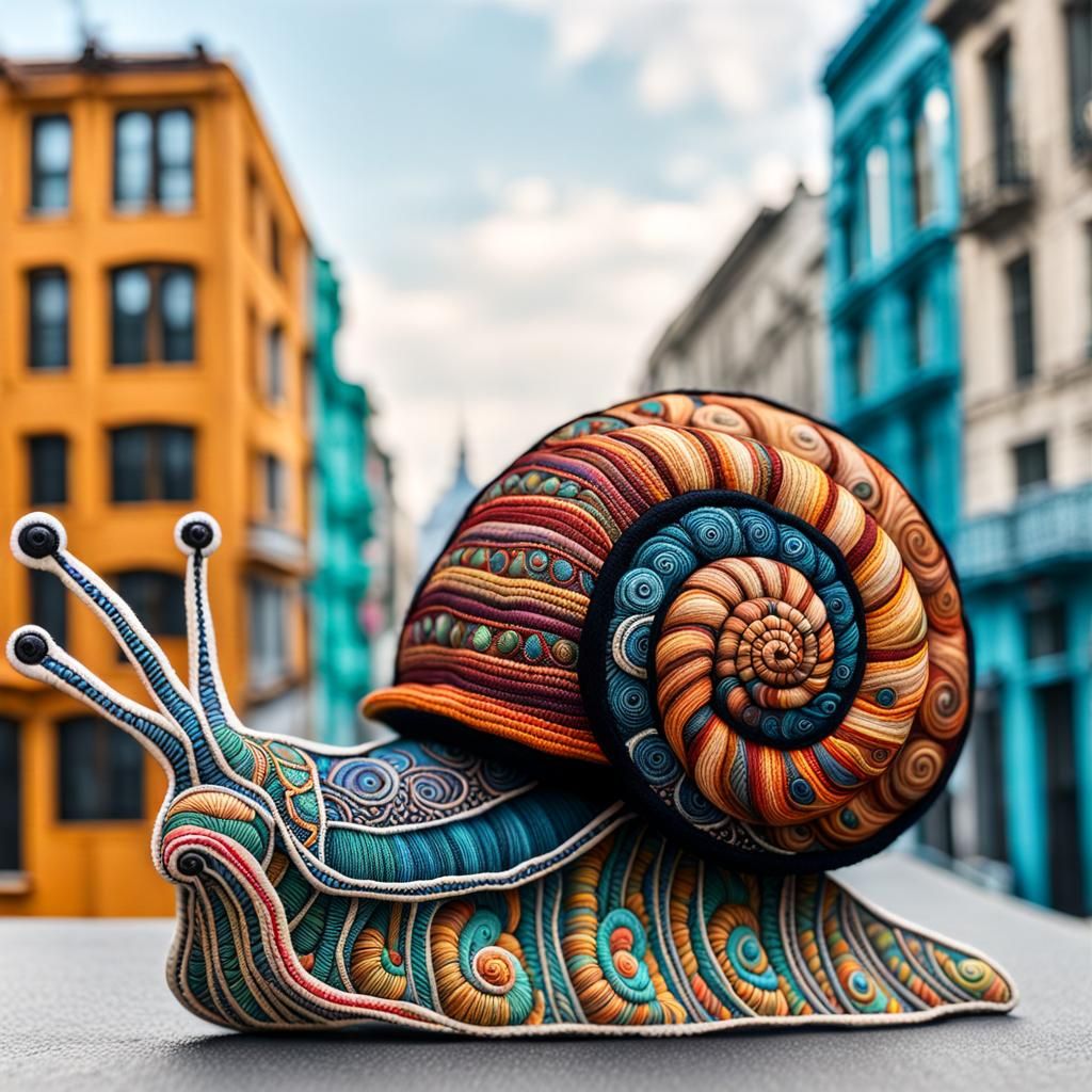 Hyperdetailed Cute big eyed Snail, embroidered cute big eyes...