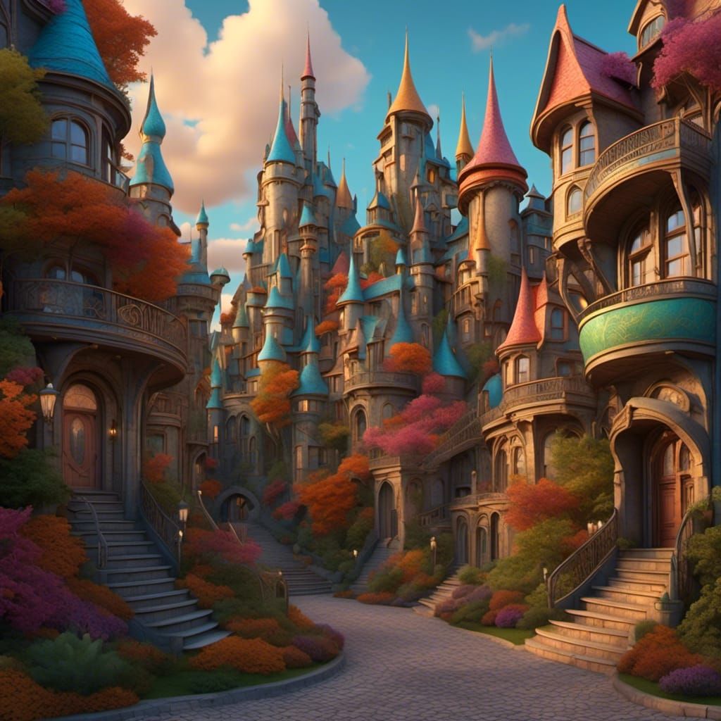 A street full of of castles, split complementary colors<lora:Steskers Castles:1.0>3D, highly detailed, Art Nouveau