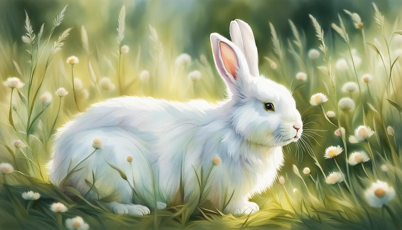 white fluffly rabbit on a summer meadow