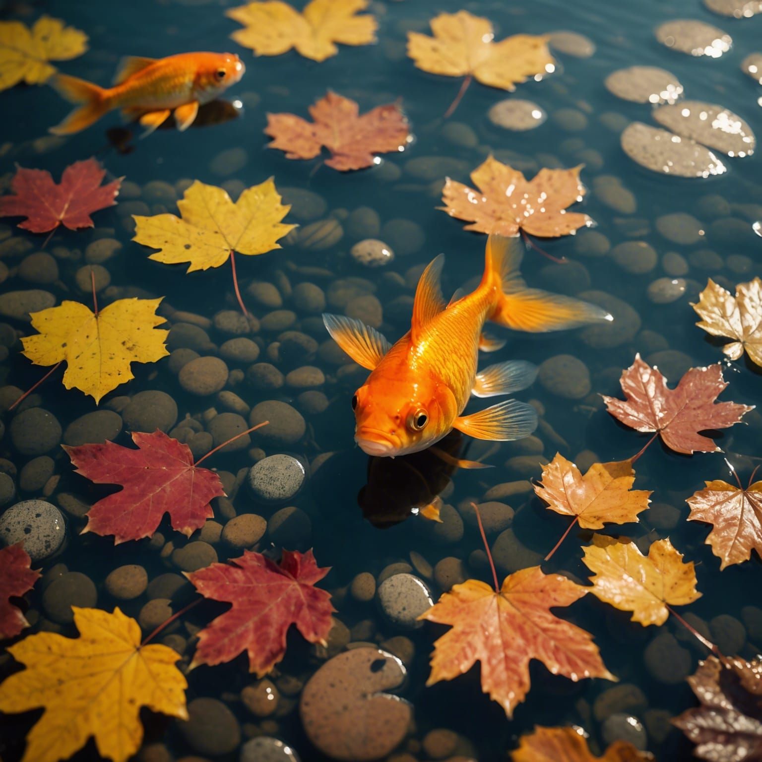 Goldfish, pebbles and autumn leaves