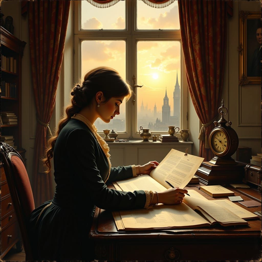 Entrepreneur Woman Reviews Deal in Grand Office