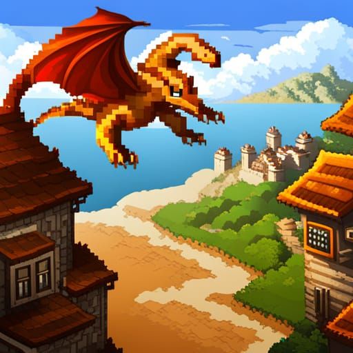 Pixel Art : A dragon flying over a village near tne sea