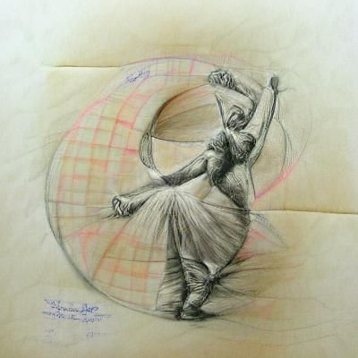 Modern pencil sketch on lined paper, circle of dance