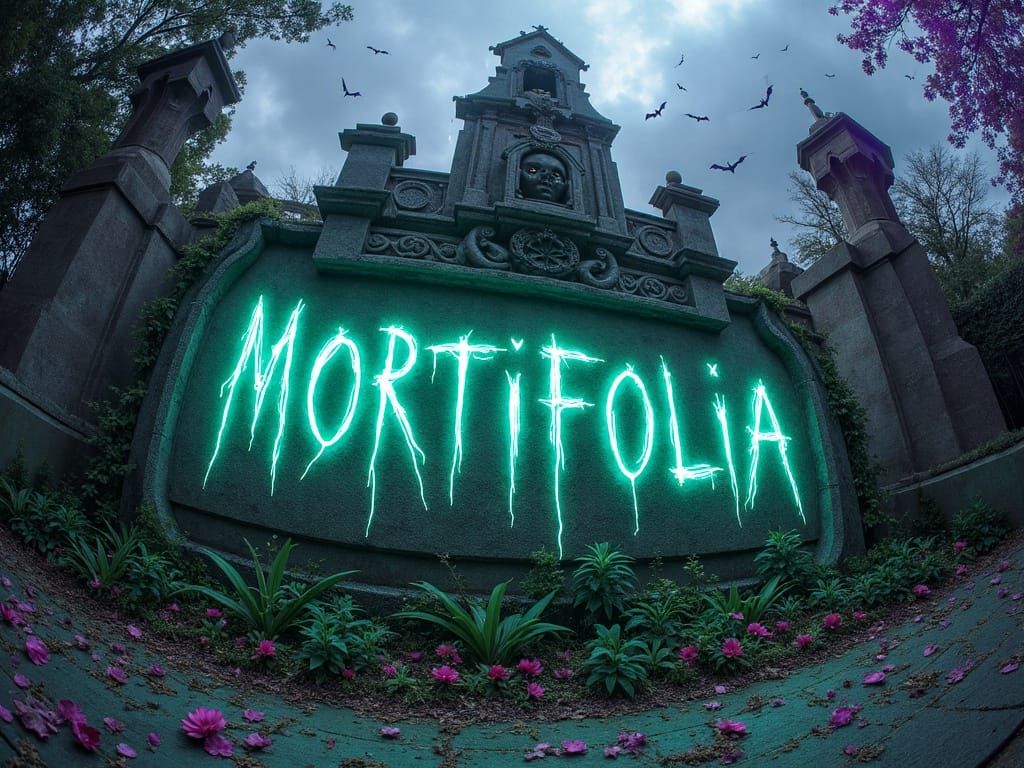 Glowing "MORTIFOLIA" etched in cursed stone, surrounded by writhing tentacles and screaming banshees. Fisheye horror of grotesque gargoyles ...