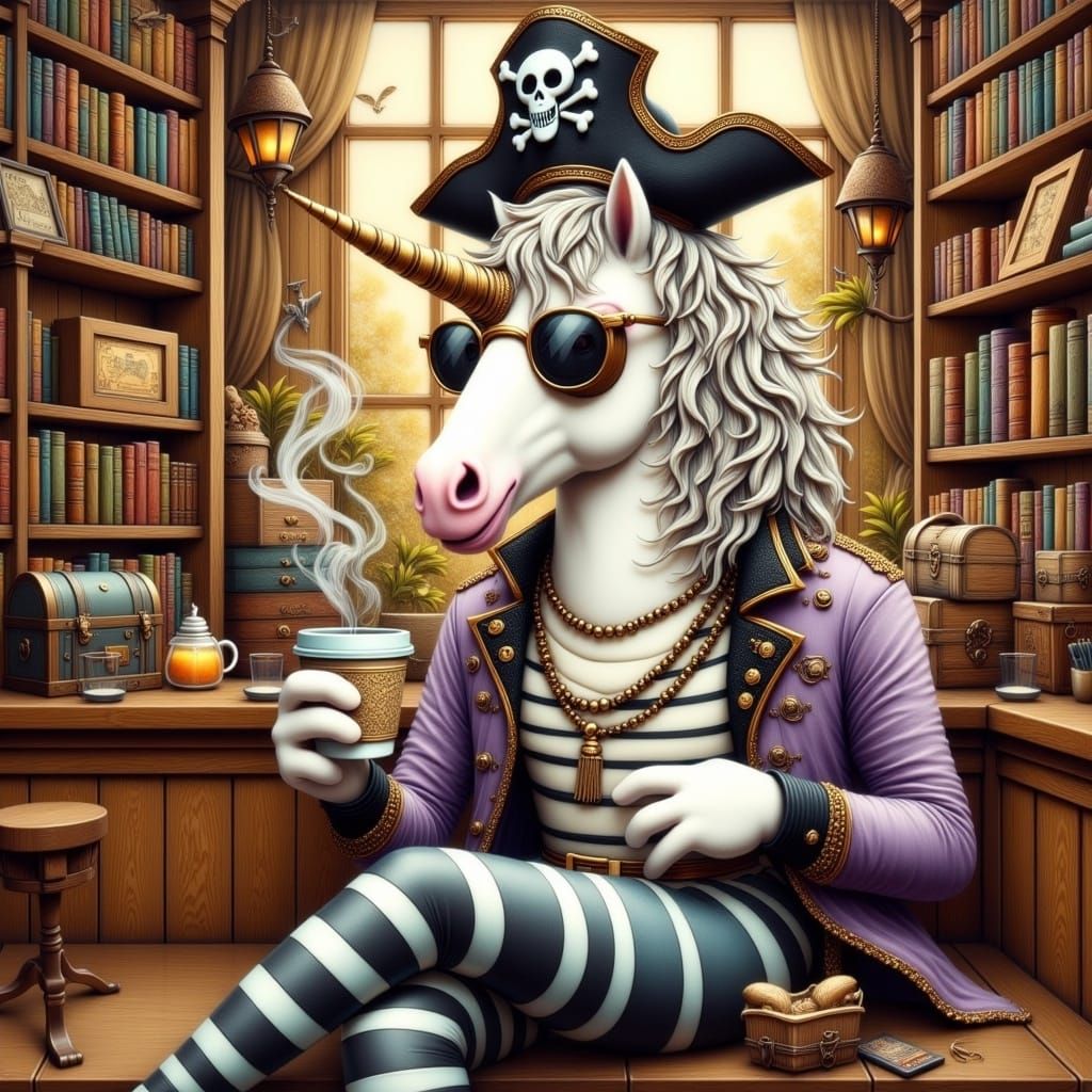 <lora:piratecritter:1.0> Unicorn pirate drinking coffee