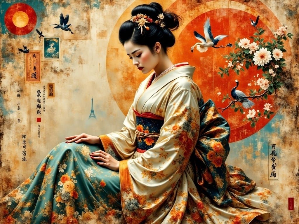 Mixed media collage combining traditional Japanese aesthetics with vintage photography elements  by @barnaby leroy