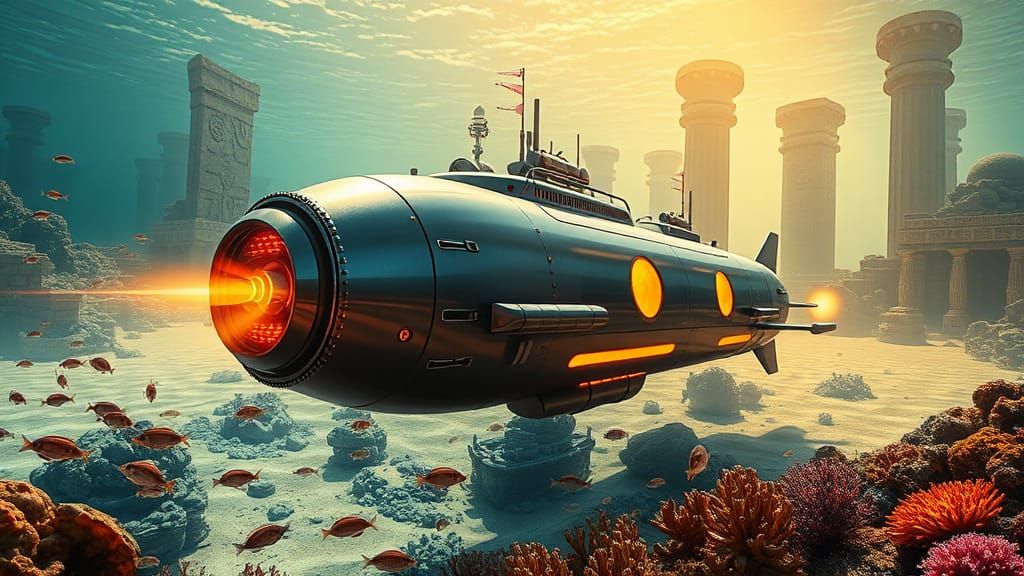 Retrofuturistic Submarine Exploring Sunken City