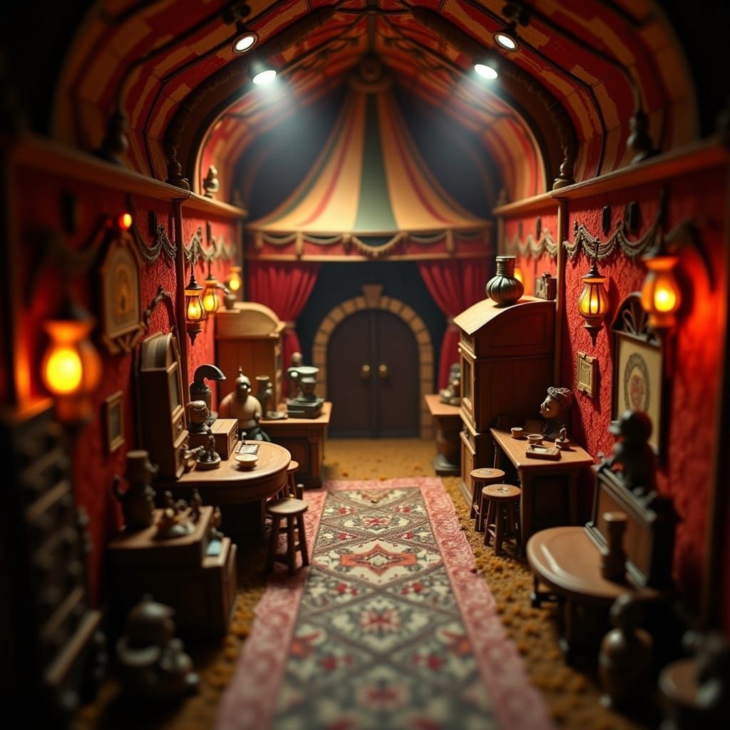 <lora:Diorama Trauma:0.8> a "Fantasy" scene, diorama. in the style of the inside an old timey Circus Tent. Cinematic HDR. extremely detailed...
