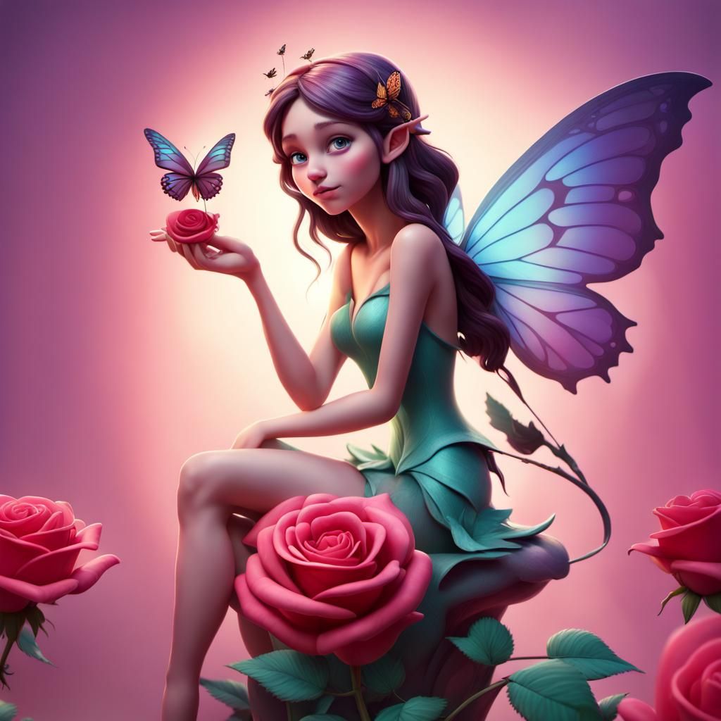 a fairy sitting on a rose holding a butterfly in her hand
