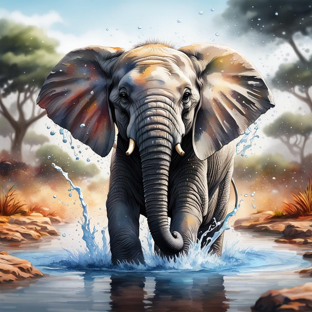 A baby elephant splashing in the watering hole  by @PLizzyB