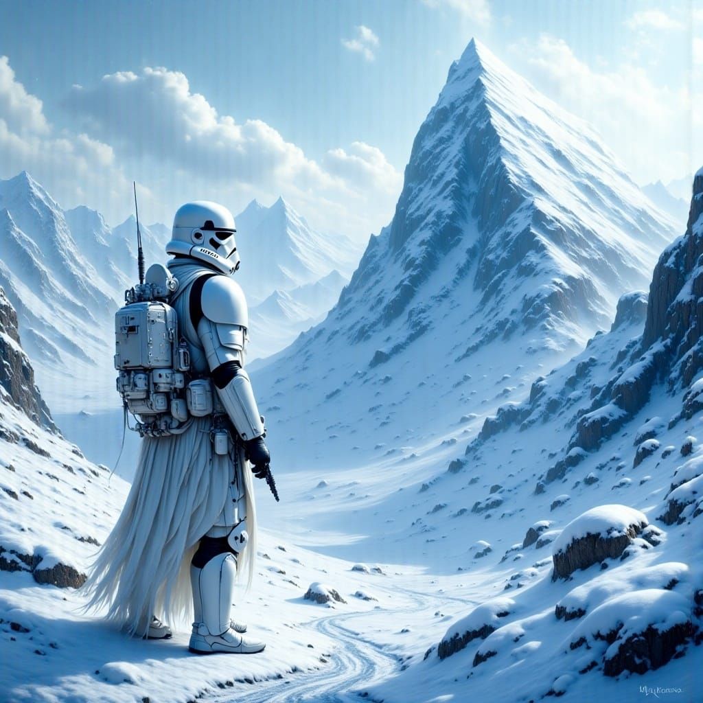 A stormtrooper at an abandoned snowy mountain outpost <lora:Inconceivable Flux:1.0> 