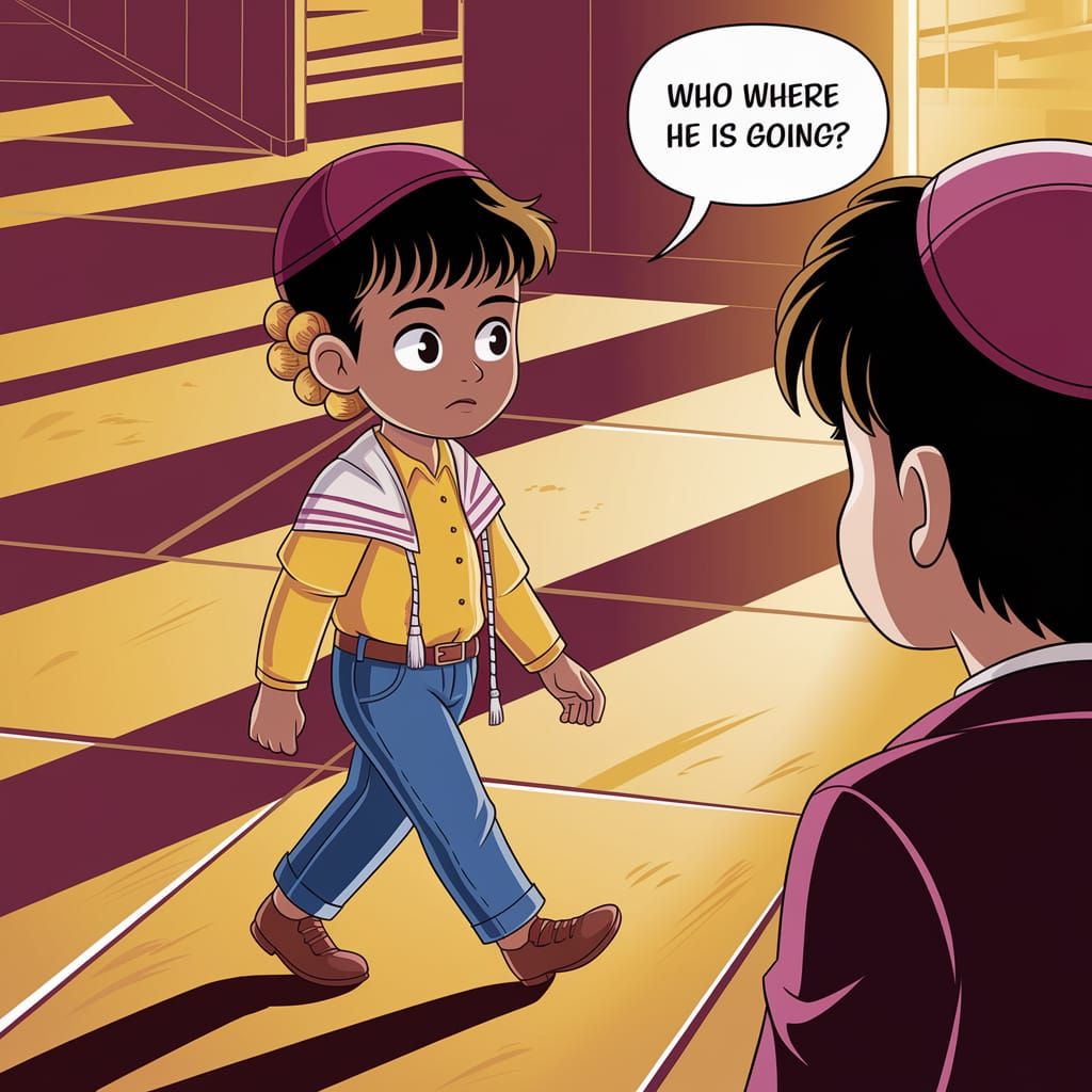 Young Boy in Burgundy Kippah Walks Alone Under Sunset