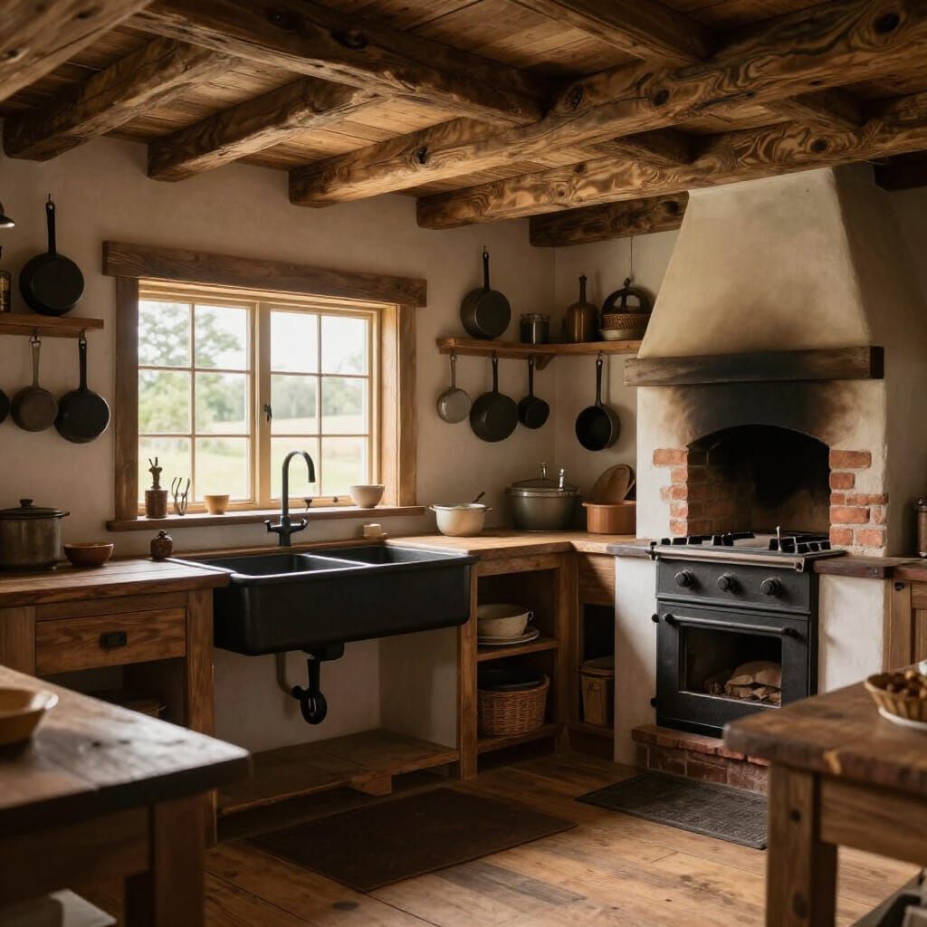 Country ranch style kitchen with barn wood floor and walls, raftered ceiling. Pots, pans, and cooking ...  by @Faolkyu